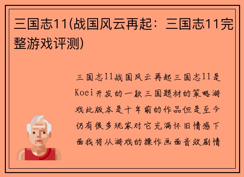 三国志11(战国风云再起：三国志11完整游戏评测)